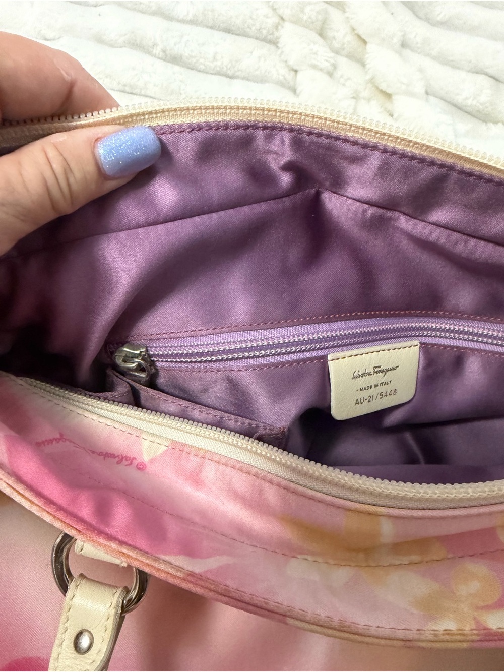 Salvatore Ferragamo Pink and Cream Floral Tote with Matching Pouch - Picture 12 of 13